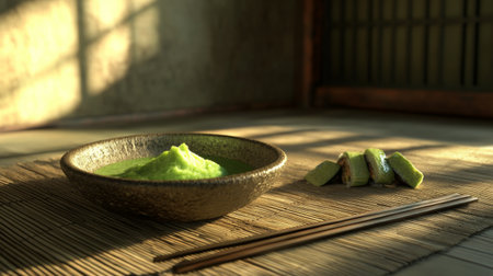 A close-up view of fresh wasabi served in a rustic bowl with chopsticks. The natural light enhances the vibrant green color, showcasing Japanese culinary tradition.の素材