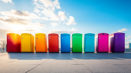 A row of colorful lockers under a bright sky during sunset, showcasing vibrant colors and modern design. Perfect for themes of individuality and creativity.の素材