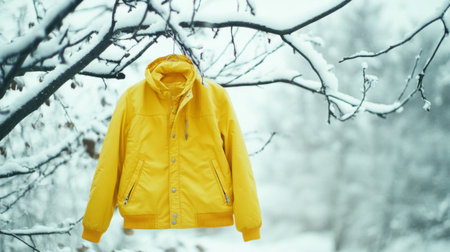 A vibrant yellow jacket hangs from a tree branch, surrounded by a serene winter landscape. The contrast of the bright fabric against the snowy backdrop creates a striking visual appeal.の素材