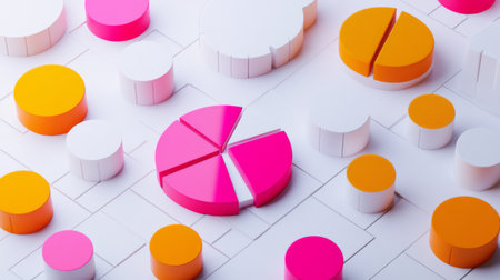 A vibrant arrangement of geometric shapes ideal for data visualization. This colorful design features pie and cylindrical elements, perfect for marketing and business presentations.の素材