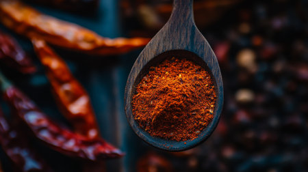Close-up of vibrant red spice powder in a wooden spoon with dried chili peppers in the background, perfect for enhancing culinary dishes and flavors.の素材