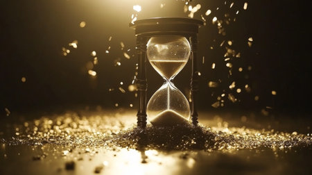Captivating hourglass filled with shimmering sand, surrounded by a warm golden glow and sparkling particles, symbolizing the passage of time and beauty.の素材
