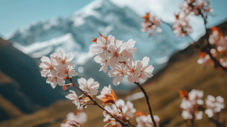 A serene image of pink flowers blooming with majestic mountains in the background, showcasing the beauty of nature during springtime. A perfect outdoor scene.の素材