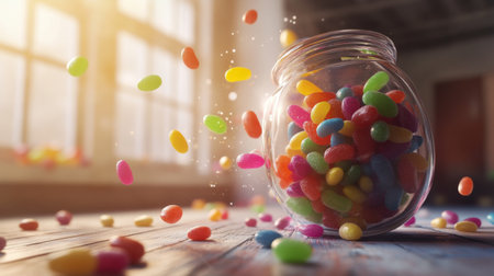 A vibrant jar filled with assorted jelly beans spills colorful candies on a rustic wooden table, creating a joyful and playful atmosphere. Perfect for snack themes.の素材