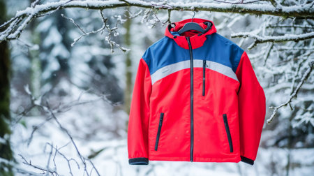 A bright red jacket showcased in a snowy forest setting. The vibrant color contrasts beautifully with the white snow, highlighting winter fashion.の素材