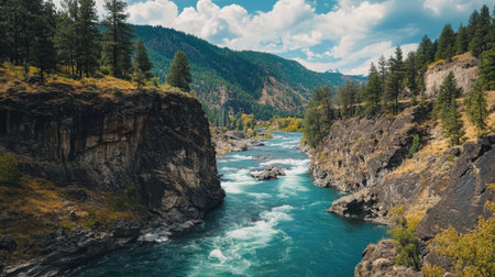 A serene river flows through a stunning mountain landscape, surrounded by lush trees and vibrant greenery. The peaceful scene invites exploration and relaxation.の素材