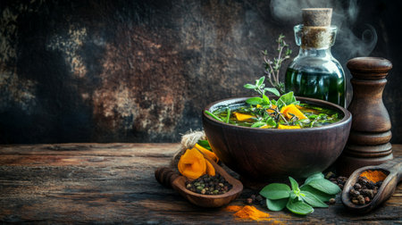 Vibrant display of fresh herbs and spices in a rustic setting. The wooden bowl showcases colorful ingredients, creating an inviting cooking atmosphere.の素材
