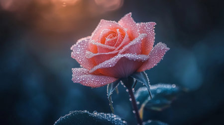 A stunning closeup of a pink rose adorned with dewdrops, capturing the essence of nature's beauty and tranquility in a soft-glowing background.の素材