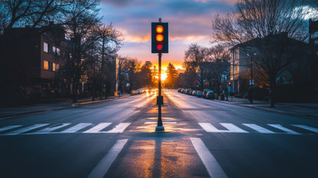 A tranquil urban scene featuring a traffic light at sunset on a quiet street. The reflection on the road enhances the colors of the sky, creating a serene atmosphere.の素材