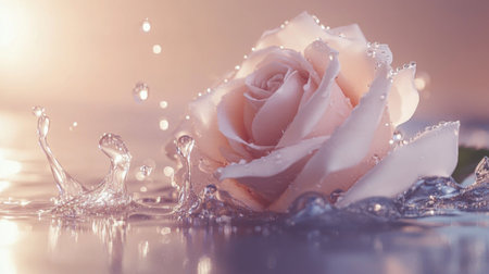 A stunning close-up of a pink rose surrounded by sparkling water droplets. This serene image captures the beauty and elegance of nature, perfect for various creative projects.の素材
