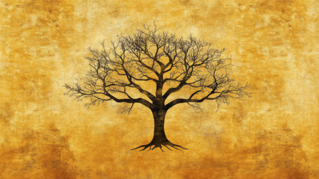 A striking silhouette of a tree with intricate branches set against a warm golden background, symbolizing growth, resilience, and tranquility in nature.の素材
