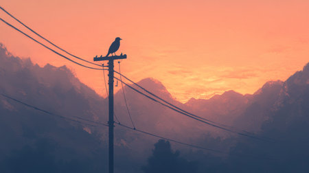 A serene silhouette of a bird perched on a pole against a stunning sunset backdrop with mountains, creating a tranquil and atmospheric landscape.の素材