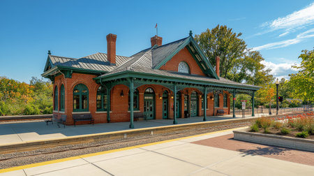 A historic train station featuring beautiful architecture and vibrant colors. The structure is surrounded by lush greenery and captures the essence of travel and nostalgia.の素材