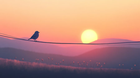 A serene scene featuring a bird perched on a wire as the sun sets behind distant mountains, casting vibrant colors across the sky and evoking a sense of tranquility.の素材