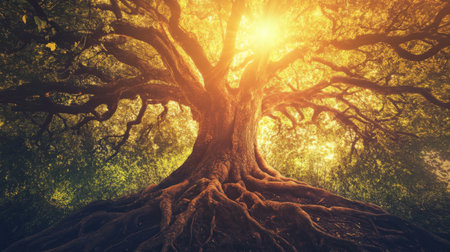 A stunning tree emanating serenity, with intricate branches and roots illuminated by soft sunlight. Perfect for nature-themed projects and designs.の素材