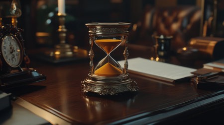 A beautifully crafted vintage hourglass sits elegantly on a wooden desk, capturing the essence of time measurement and classic decor in a sophisticated workspace.の素材