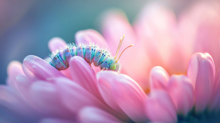 A close-up view of a colorful caterpillar resting on soft flower petals, showcasing nature's beauty and delicate details in a serene setting.の素材
