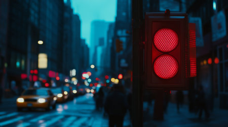 A vibrant urban night scene featuring a red traffic light, illuminating a bustling street filled with vehicles and pedestrians in a lively city atmosphere.の素材