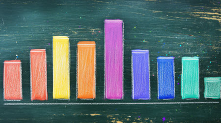 A vibrant chalk illustration of a bar graph on a blackboard. Perfect for presentations or educational materials, showcasing data analysis and statistics.の素材