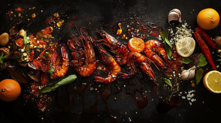 A stunning display of spicy shrimp garnished with citrus and herbs, showcasing vibrant colors and rich textures on a dark background, perfect for culinary inspiration.の素材