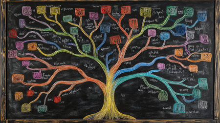This vibrant tree diagram on a chalkboard highlights various concepts, illustrating connections and ideas in an engaging way, ideal for educational use.の素材