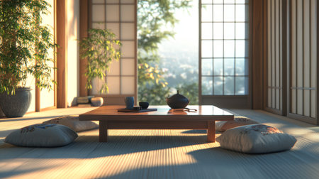 A tranquil Japanese tea room basking in natural light. This serene space features a wooden table, soft cushions, and lush plants, inviting relaxation and harmony.の素材