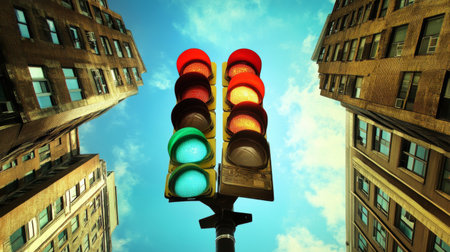 A vibrant traffic light stands tall against a bright blue sky, framed by towering urban buildings. This image captures the essence of city life and traffic dynamics.の素材