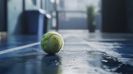A close-up view of a wet tennis ball resting on an indoor court surface. The image captures the essence of sport and recreation, emphasizing activity and dynamic movement.の素材