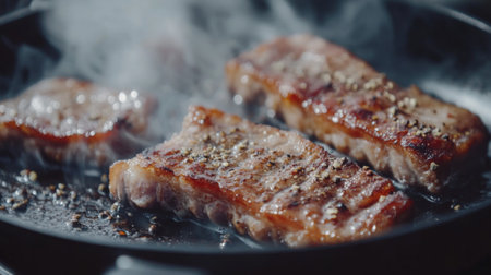 Juicy steaks sizzle in a pan, releasing aromatic smoke and seasoning that enhance their flavor. A perfect addition to any meal.の素材
