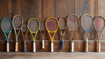 A collection of vintage tennis rackets displayed against a rustic wooden background, showcasing their unique designs and colors, perfect for sports enthusiasts and decorators.の素材