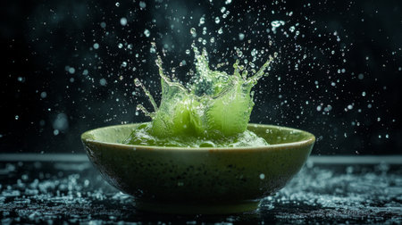 An artistic close-up of a vibrant green splash in a bowl, showcasing droplets of water against a dark background. Perfect for culinary and nature themes.の素材