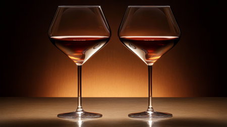 Two elegant wine glasses filled with a dark beverage are beautifully illuminated, creating an inviting and sophisticated atmosphere perfect for any celebration.の素材