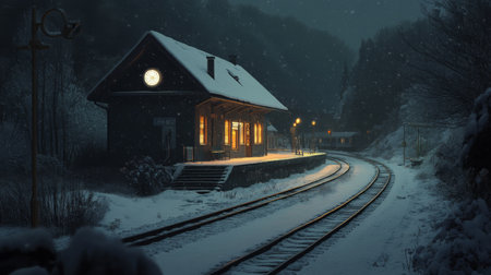 A serene snowy train station at night, illuminated by warm lights. The peaceful rural setting invites a sense of calm and nostalgia, showcasing winter beauty.の素材