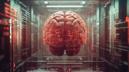 This image features a futuristic brain design intricately connected with digital circuitry. Ideal for themes of technology, artificial intelligence, and innovation.の素材