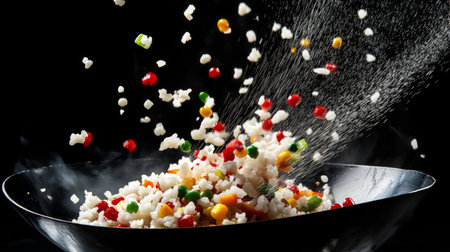 A vibrant mix of colorful rice and vegetables splashes dramatically in a black bowl, showcasing culinary artistry and motion, perfect for food photography.の素材