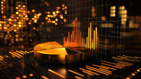 A striking golden pie chart set against a digital backdrop, showcasing data visualization elements such as graphs and trends, ideal for finance and business concepts.の素材