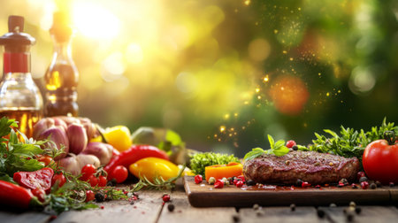 A delicious grilled steak sits on a wooden board surrounded by a variety of fresh vegetables and herbs, illuminated by warm sunlight. Perfect for culinary inspiration.の素材
