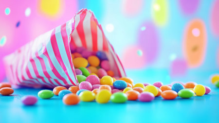A vibrant assortment of colorful candies spilling from a striped bag, creating a joyful and festive atmosphere. Perfect for celebrations or sweet treats.の素材
