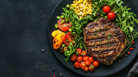 Juicy grilled steak served with a vibrant medley of fresh vegetables, featuring tomatoes, corn, and greens. Perfect for a healthy meal choice.の素材