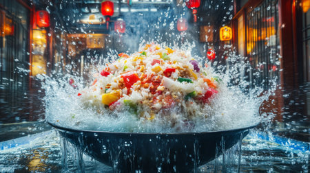 A vibrant explosion of colors as fresh vegetables and rice splash dramatically in a traditional cooking wok, highlighting the artistry and energy of culinary preparation.の素材