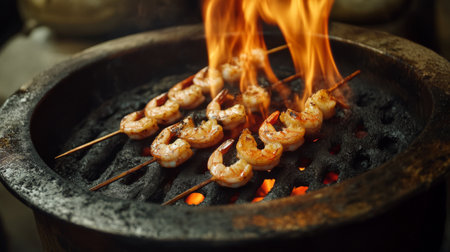 Juicy shrimp skewers roast over an open flame, creating a mouthwatering scene. The vibrant colors and sizzling action highlight the excitement of grilling delicious seafood.の素材