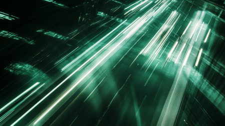 Vibrant abstract image showcasing green light trails in dynamic motion. Ideal for technology and modern aesthetic themes, creating a sense of speed and energy.の素材
