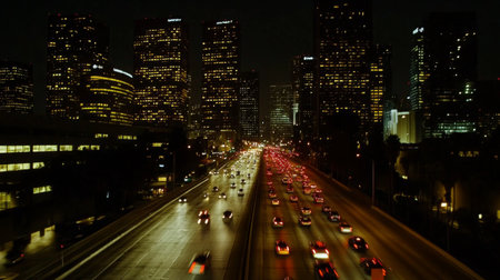 A stunning nighttime cityscape featuring a bustling highway illuminated by vibrant lights and the backdrop of modern skyscrapers, showcasing urban energy and movement.の素材