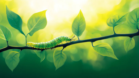 A vibrant green caterpillar rests on a leafy branch, illuminated by soft light in a tranquil natural setting, symbolizing growth and renewal in nature.の素材