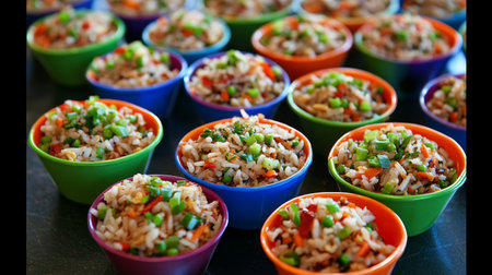 A vibrant array of colorful bowls filled with delicious rice and fresh vegetables. Perfect for serving at gatherings or as a healthy meal option.の素材