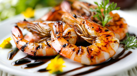 A mouthwatering view of grilled shrimp garnished with fresh herbs and vibrant flowers. Perfect dish for summer gatherings or culinary exploration.の素材