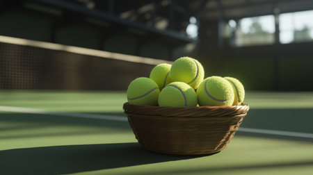 A vibrant basket filled with fresh tennis balls rests on a green court surface, capturing the essence of sport and summer fun in a dynamic setting.の素材