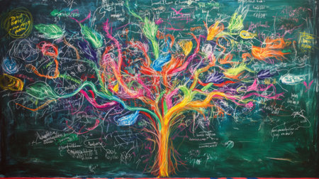 This vibrant artwork depicts a colorful tree on a chalkboard, combining elements of creativity and imagination, perfect for educational or artistic themes.の素材