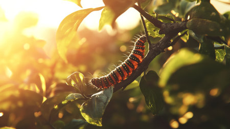 A vibrant caterpillar rests on a leaf, illuminated by soft sunset light. This striking image captures the beauty of nature and the fragile moments of wildlife.の素材