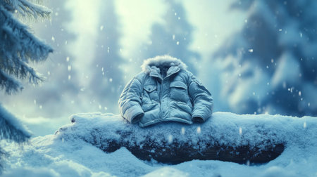 A cozy winter jacket rests on a snowy log, surrounded by a serene landscape of frosty trees. This image evokes warmth and tranquility amid the cold.の素材